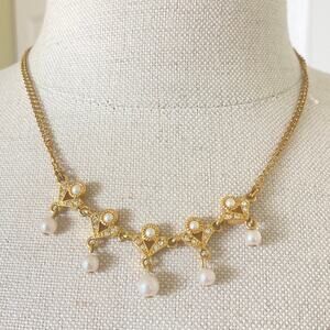 Napier gold tone pearl necklace double chain w/ faux pearls & crystal rhinestone